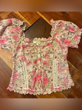 LoveShackFancy Pink Floral Lace-Trim Button Front Blouse